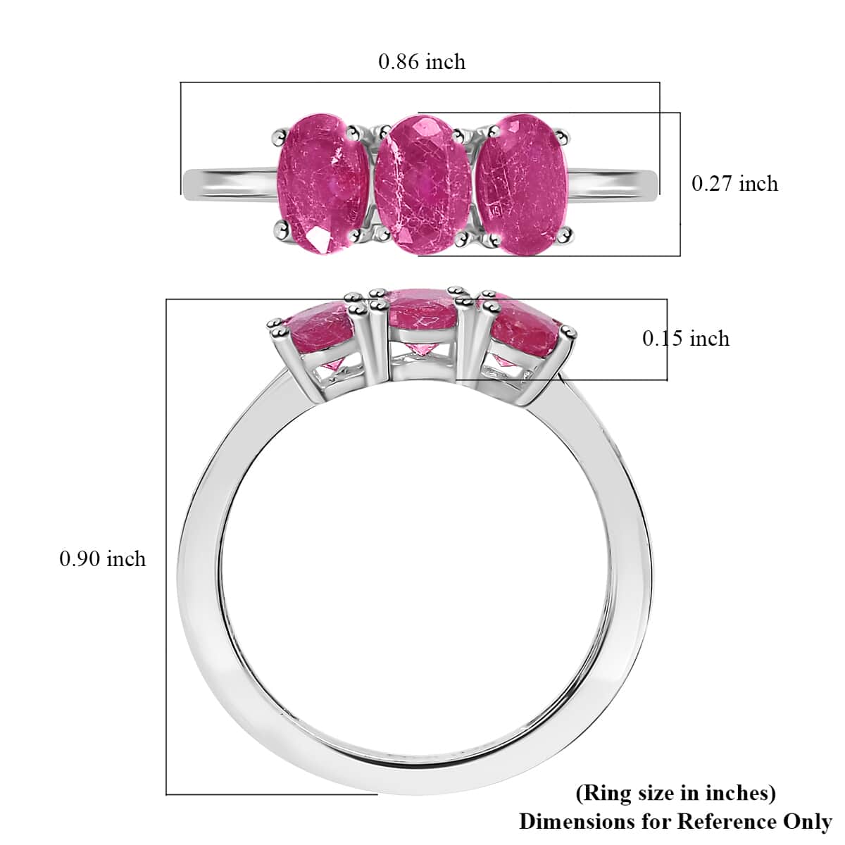 Niassa Ruby 3 Stone Ring in Platinum Over Sterling Silver (Size 6.0) 2.00 ctw image number 5