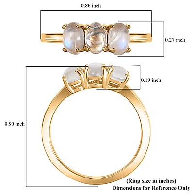 D'Joy Rainbow Moonstone 2.15 ctw 3 Stone Ring in Vermeil Yellow Gold Over Sterling Silver (Size 5.0)