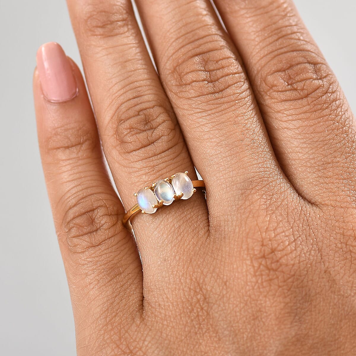 Rainbow Moonstone 2.15 ctw 3 Stone Ring in Vermeil Yellow Gold Over Sterling Silver (Size 6.0) image number 2