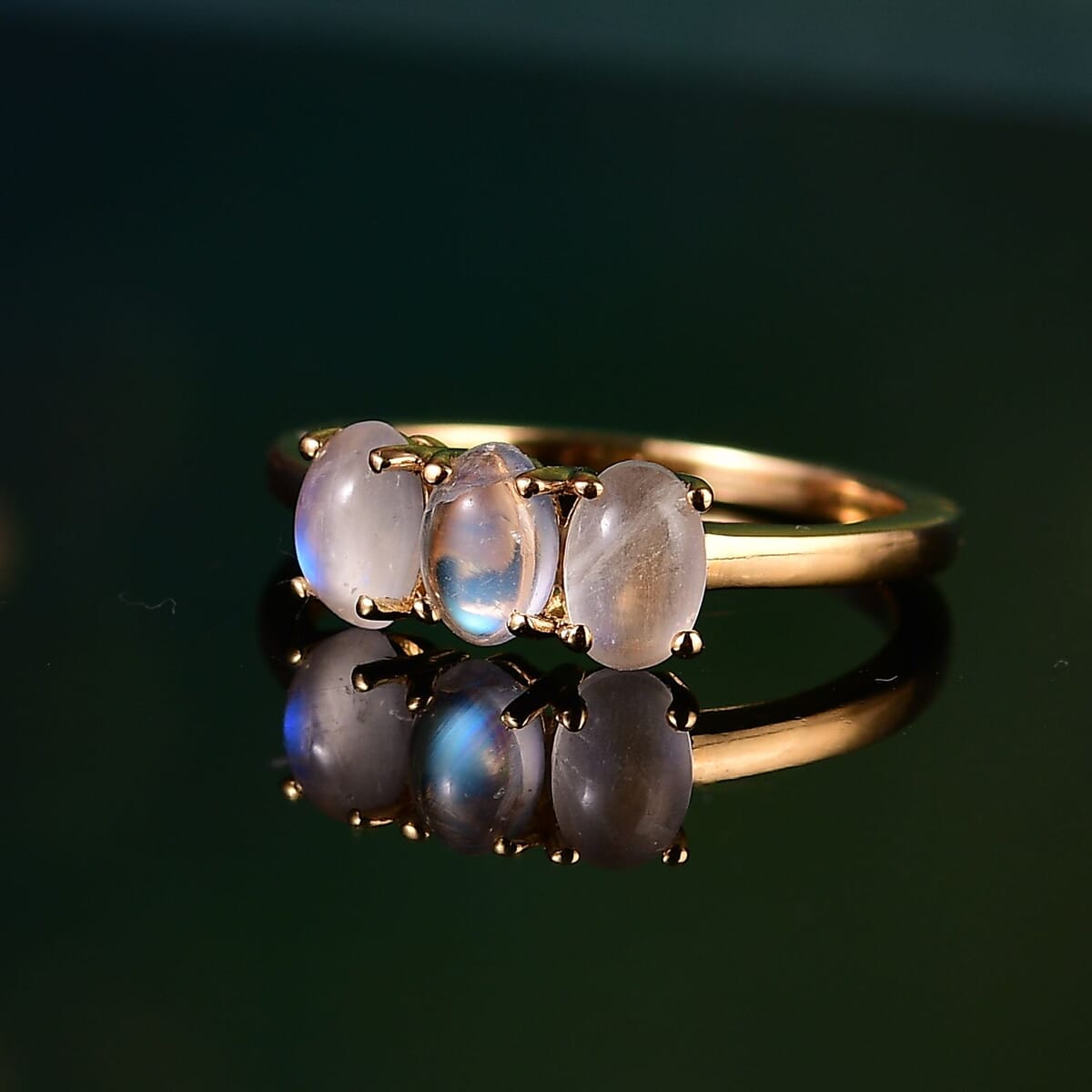 Rainbow Moonstone 2.15 ctw 3 Stone Ring in Vermeil Yellow Gold Over Sterling Silver (Size 7.0) image number 1