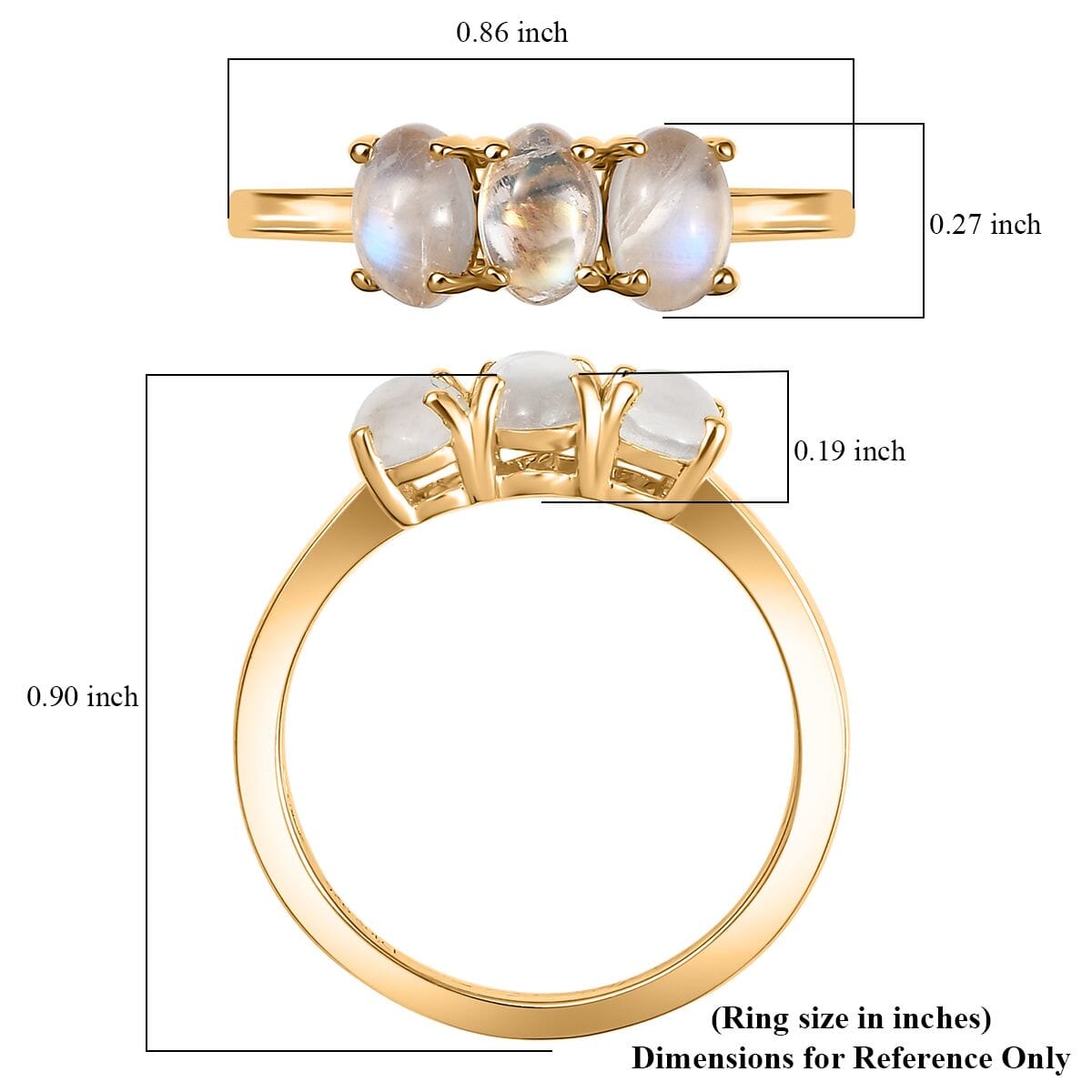 Rainbow Moonstone 2.15 ctw 3 Stone Ring in Vermeil Yellow Gold Over Sterling Silver (Size 7.0) image number 5