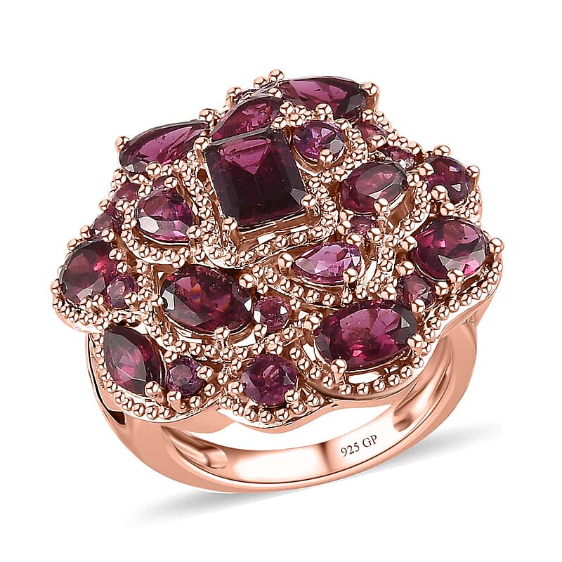 GP Italian Garden Collection Premium Orissa Rhodolite Garnet Cluster Ring in Vermeil Rose Gold Over Sterling Silver (Size 10.0) 6.70 ctw