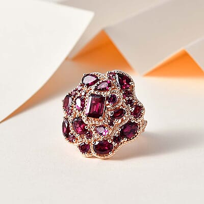 GP Italian Garden Collection Premium Orissa Rhodolite Garnet Cluster Ring in Vermeil Rose Gold Over Sterling Silver (Size 10.0) 6.70 ctw