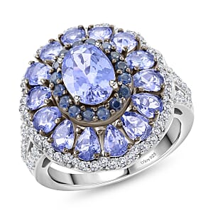 Tanzanite and Multi Gemstone Cocktail Ring in Platinum Over Sterling Silver (Size 6.0) 4.50 ctw