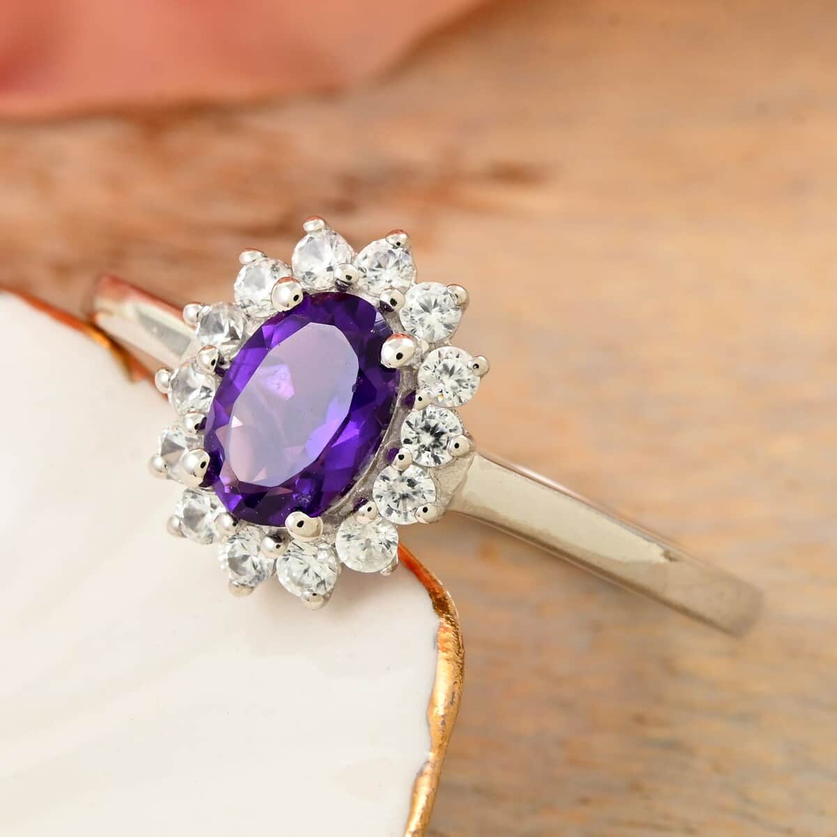 African Amethyst and White Zircon Sunburst Ring in Platinum Over Sterling Silver (Size 5.0) 1.20 ctw image number 1
