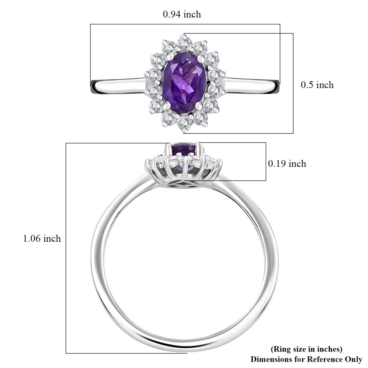 African Amethyst and White Zircon Sunburst Ring in Platinum Over Sterling Silver (Size 5.0) 1.20 ctw image number 5