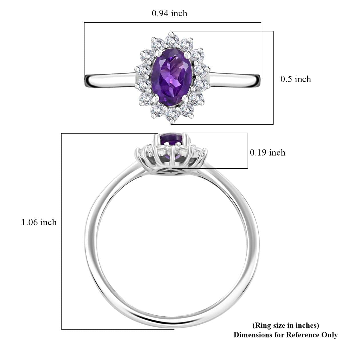 African Amethyst and White Zircon Sunburst Ring in Platinum Over Sterling Silver (Size 6.0) 1.20 ctw image number 5