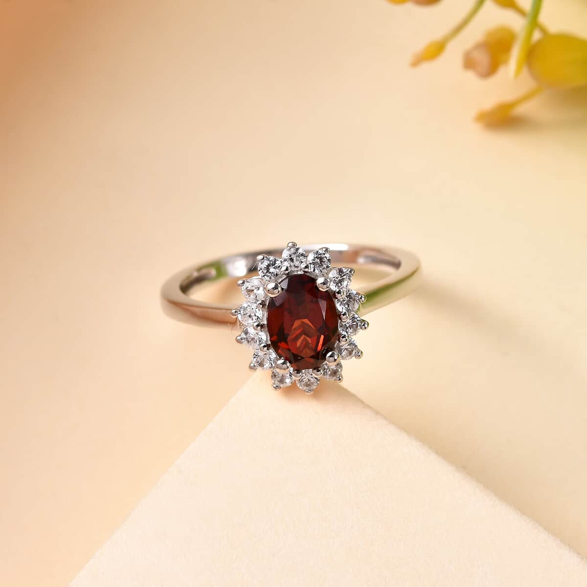Mozambique Garnet and White Zircon Sunburst Ring in Platinum Over Sterling Silver (Size 5.0) 1.40 ctw image number 1