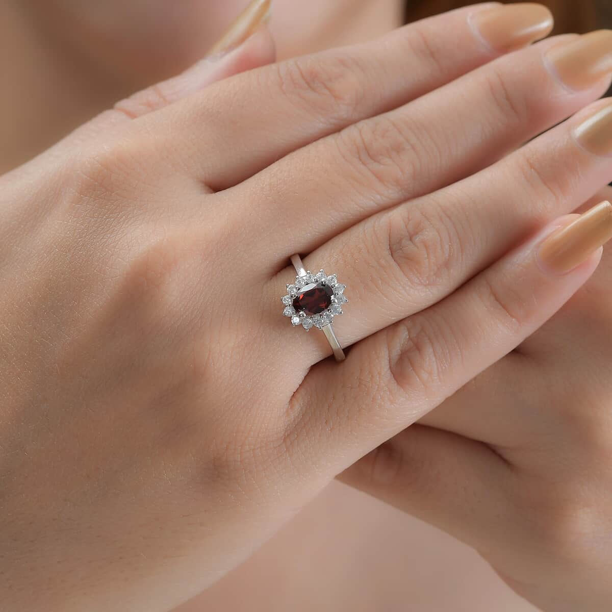 Mozambique Garnet and White Zircon Sunburst Ring in Platinum Over Sterling Silver (Size 5.0) 1.40 ctw image number 2