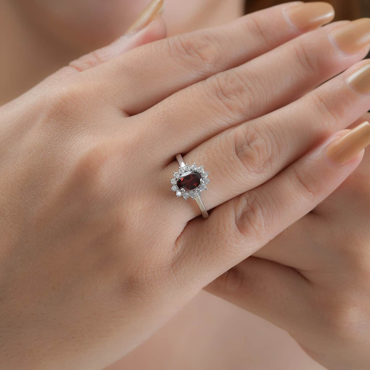 Mozambique Garnet and White Zircon Sunburst Ring in Platinum Over Sterling Silver (Size 6.0) 1.40 ctw image number 2