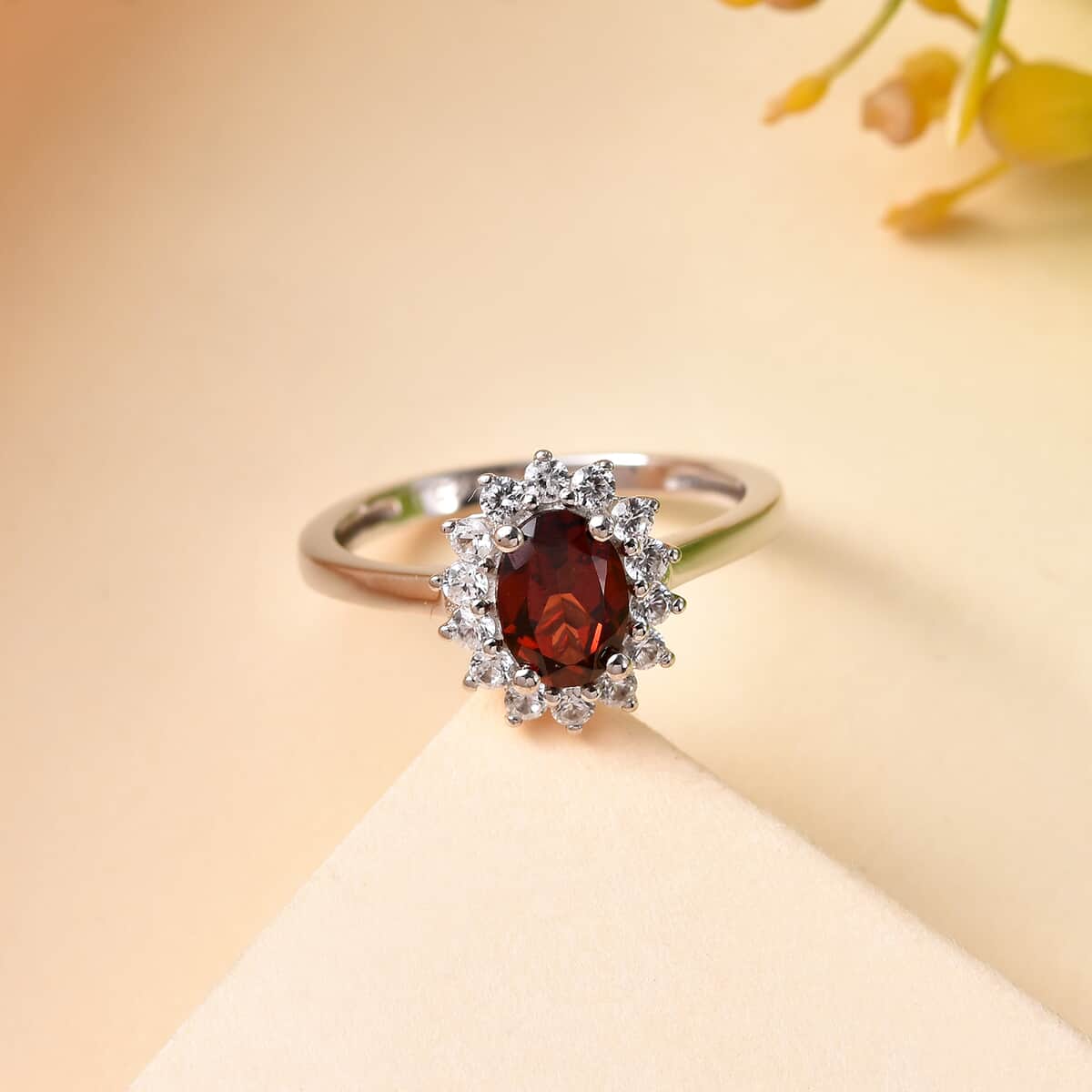 Mozambique Garnet and White Zircon Sunburst Ring in Platinum Over Sterling Silver (Size 7.0) 1.40 ctw image number 1