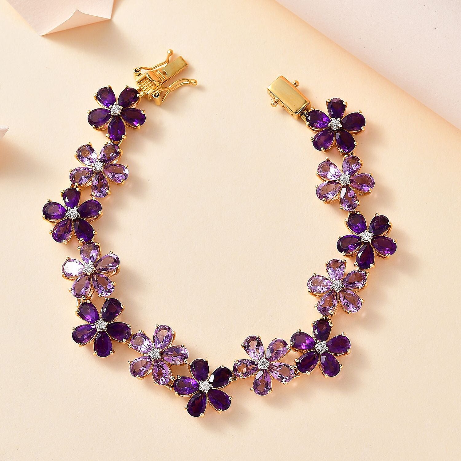 GP Italian Garden Collection Premium Rose De France and African Amethyst, White Zircon Floral Bracelet in Vermeil Yellow Gold Over Sterling Silver (6.50 In) 23.25 ctw