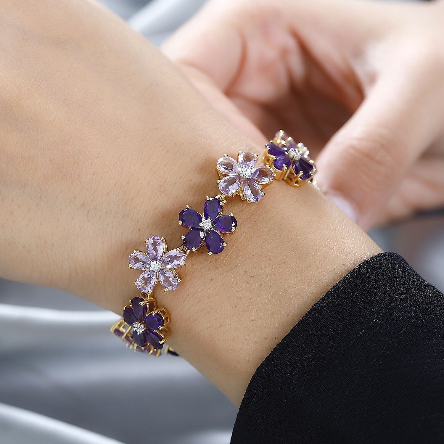 GP Italian Garden Collection Premium Rose De France and African Amethyst, White Zircon Floral Bracelet in Vermeil Yellow Gold Over Sterling Silver (6.50 In) 23.25 ctw