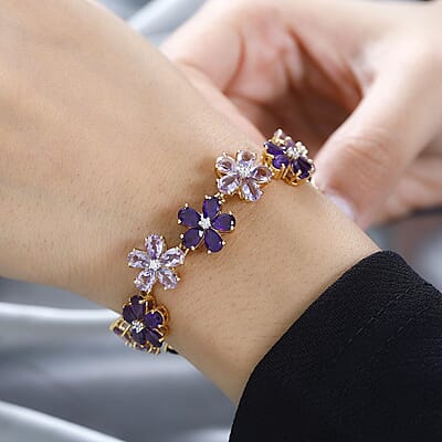 GP Italian Garden Collection Premium Rose De France and African Amethyst, White Zircon Floral Bracelet in Vermeil Yellow Gold Over Sterling Silver (6.50 In) 23.25 ctw