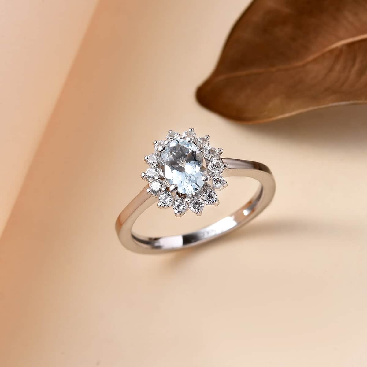 Mangoro Aquamarine and White Zircon Sunburst Ring in Platinum Over Sterling Silver (Size 5.0) 1.25 ctw image number 1