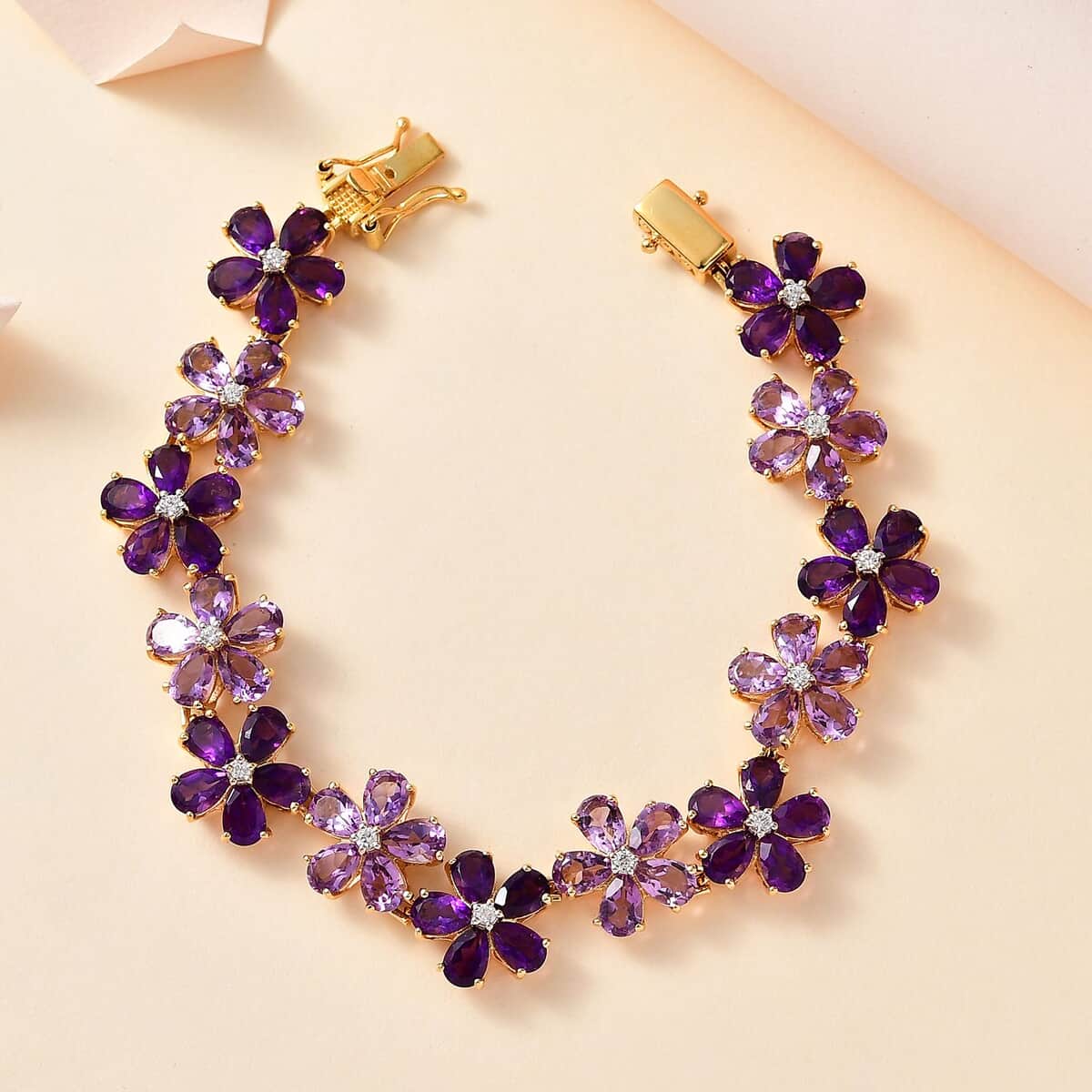 GP Italian Garden Collection Premium Rose De France and African Amethyst, White Zircon Floral Bracelet in Vermeil Yellow Gold Over Sterling Silver (8.00 In) 27.00 ctw image number 1