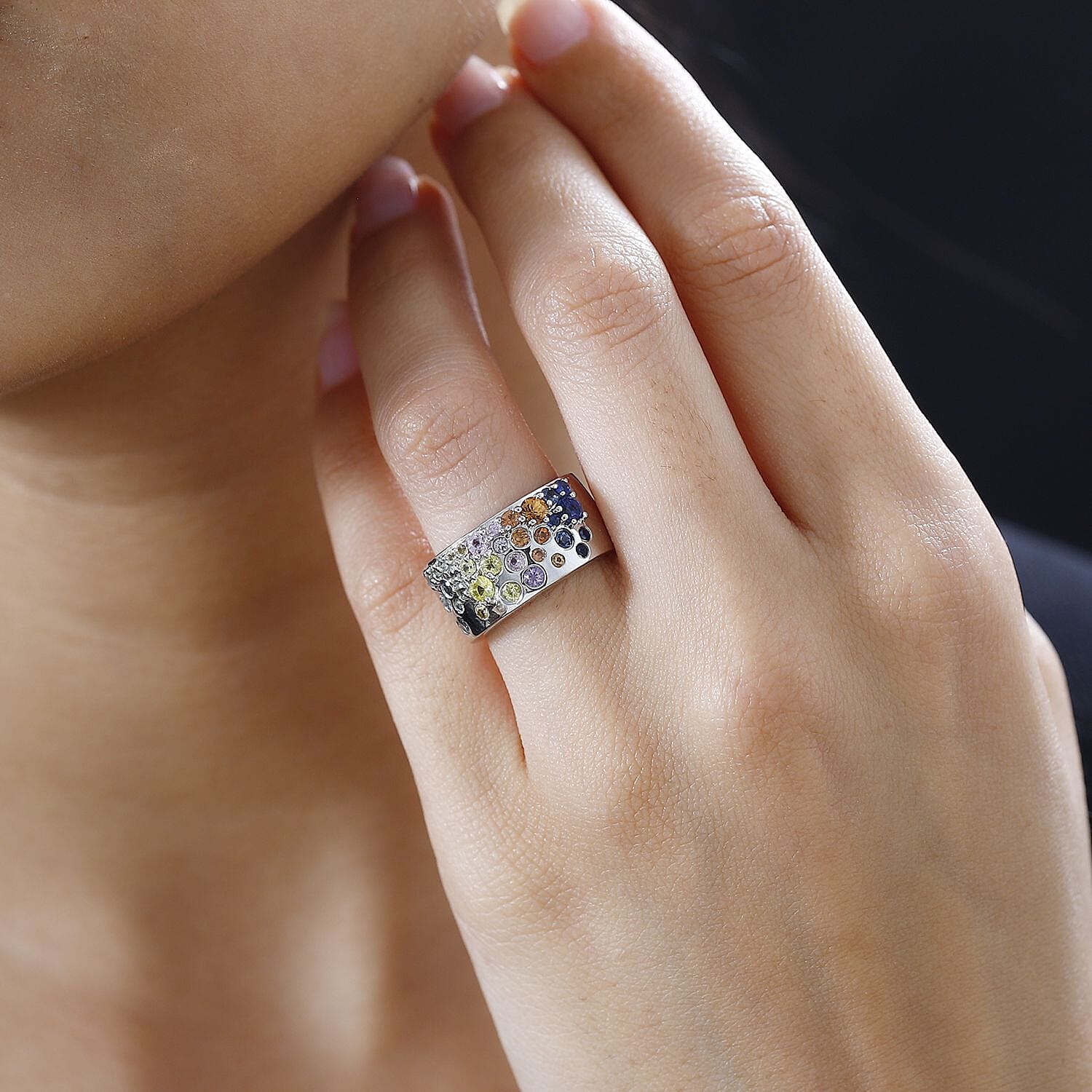 GP Royal Art Deco Collection Multi Sapphire Ring in Platinum Over Sterling Silver (Size 10.0) 1.75 ctw