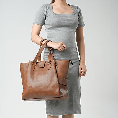 Brown Faux Leather Tote Bag