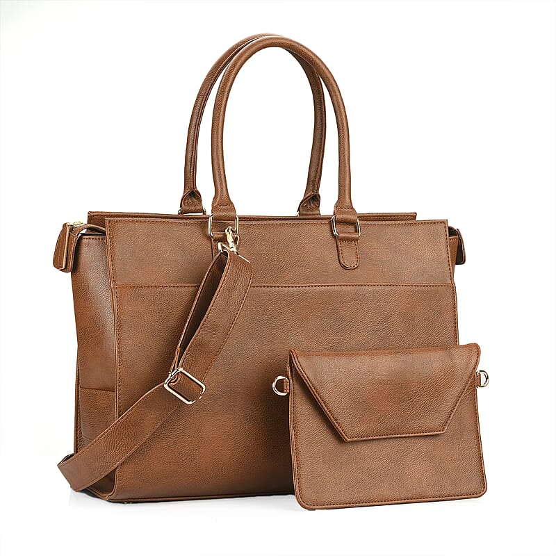 Set of 2 Brown Faux Leather Tote Bag with Small Envelope Bag