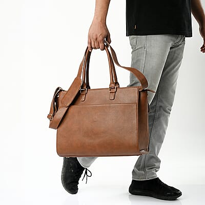 Set of 2 Brown Faux Leather Tote Bag with Small Envelope Bag