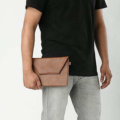 Set of 2 Brown Faux Leather Tote Bag with Small Envelope Bag