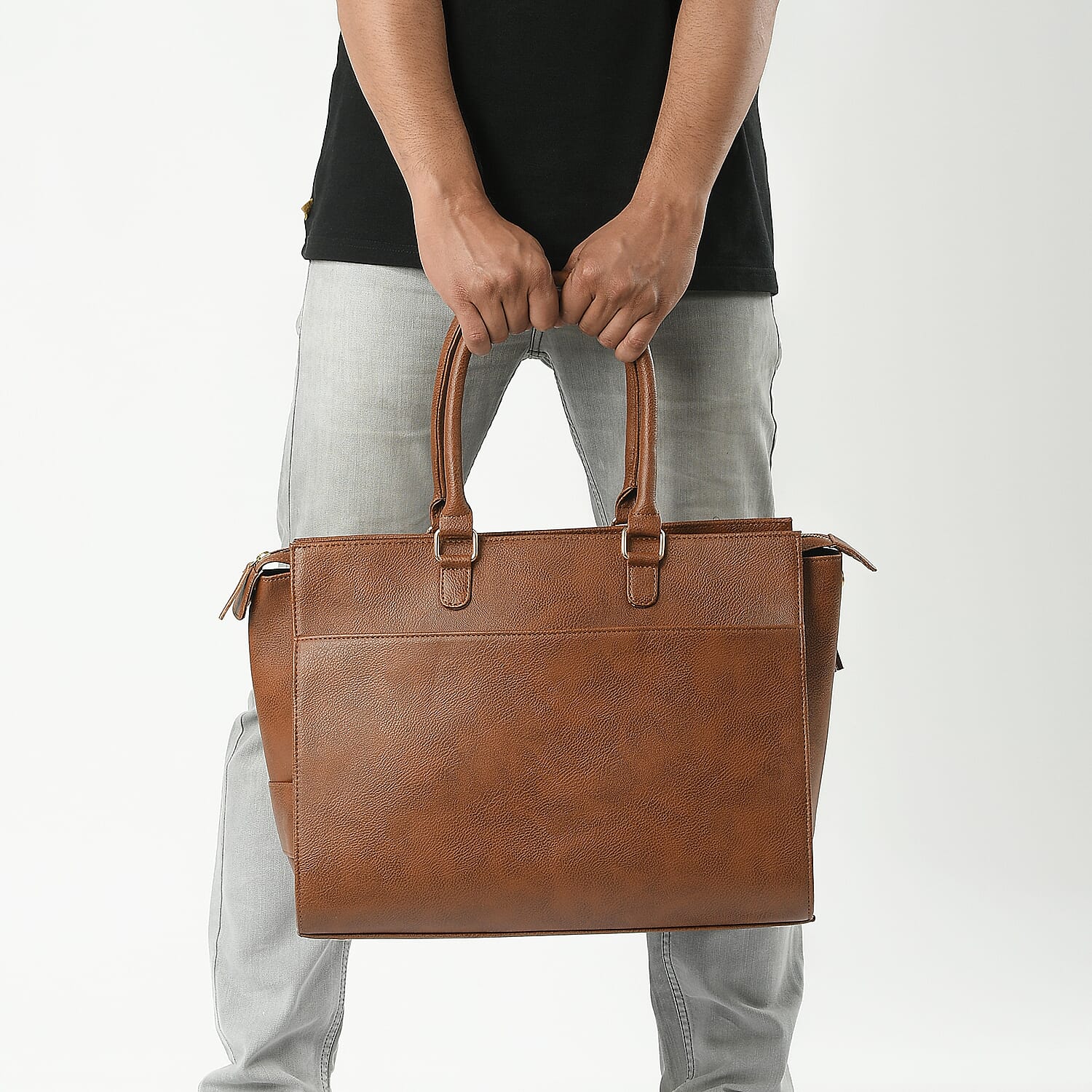 Set of 2 Brown Faux Leather Tote Bag with Small Envelope Bag