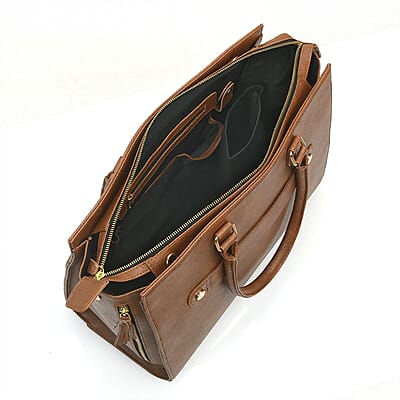 Set of 2 Brown Faux Leather Tote Bag with Small Envelope Bag