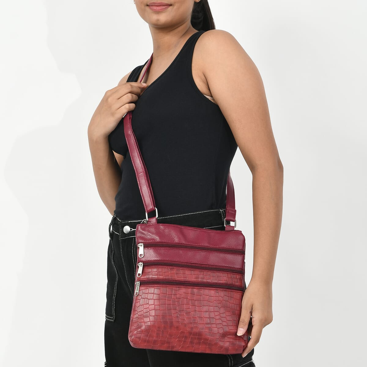 Red Croco Embossed Faux Leather Sling Bag image number 1