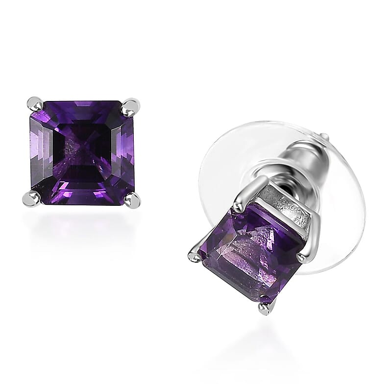Asscher Cut Moroccan Amethyst 2.25 ctw Solitaire Stud Earrings in Platinum Over Sterling Silver