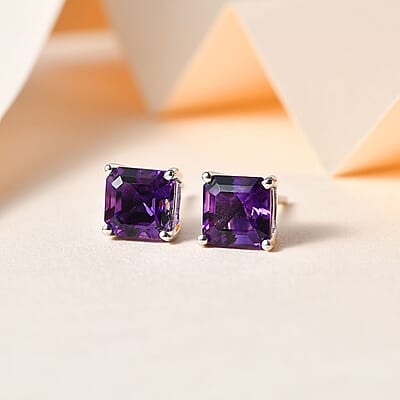 Asscher Cut Moroccan Amethyst 2.25 ctw Solitaire Stud Earrings in Platinum Over Sterling Silver