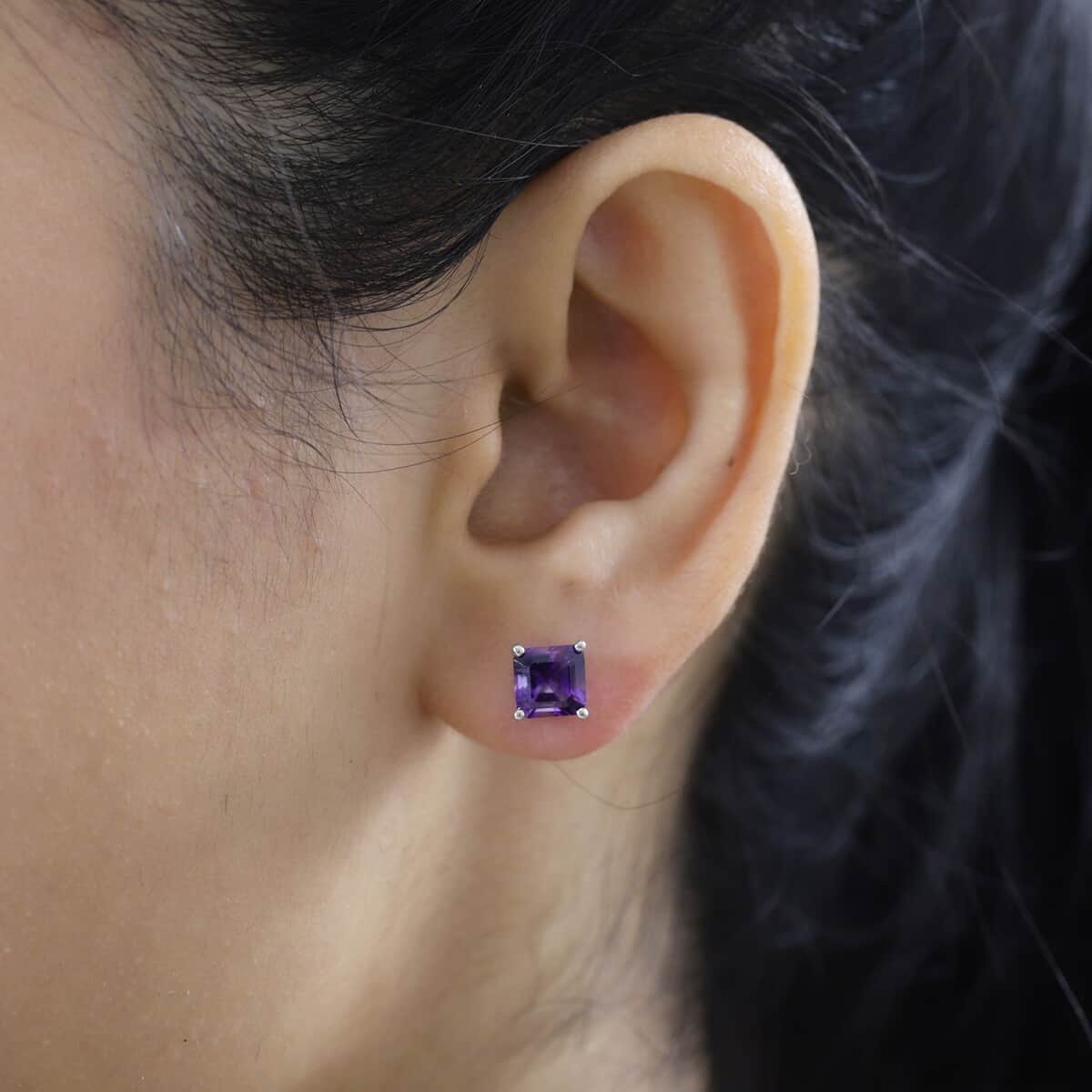 Asscher Cut Moroccan Amethyst 2.25 ctw Solitaire Stud Earrings in Platinum Over Sterling Silver image number 2