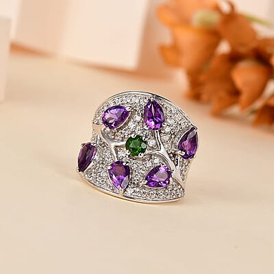 Moroccan Amethyst and Multi Gemstone Ring in Platinum Over Sterling Silver (Size 10.0) 4.20 ctw