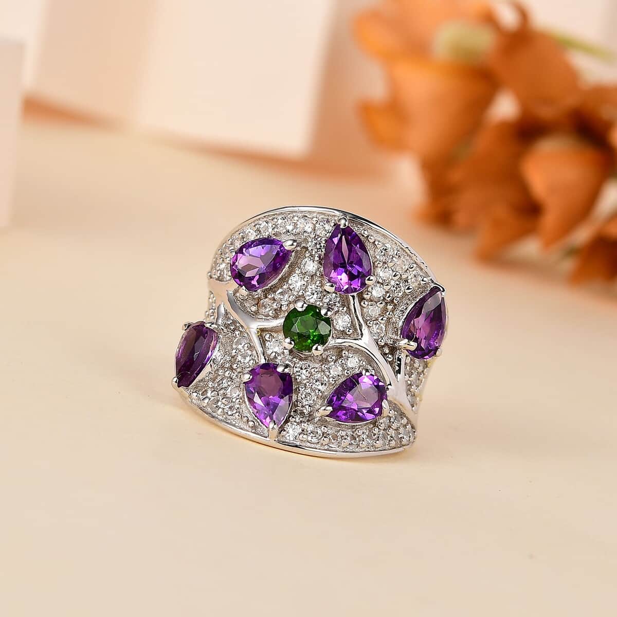 Moroccan Amethyst and Multi Gemstone Ring in Platinum Over Sterling Silver (Size 10.0) 4.20 ctw image number 1