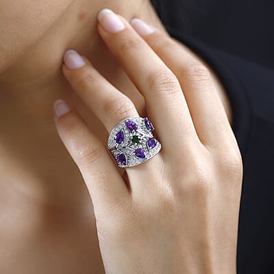 Moroccan Amethyst and Multi Gemstone Ring in Platinum Over Sterling Silver (Size 10.0) 4.20 ctw