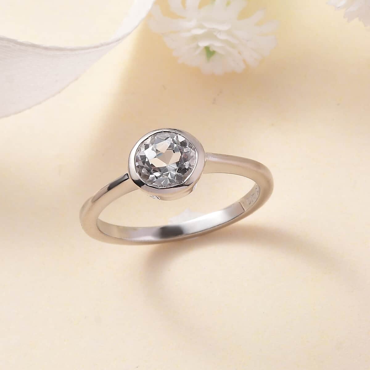 White Topaz Solitaire Ring in Platinum Over Sterling Silver (Size 5) 1.10 ctw image number 1