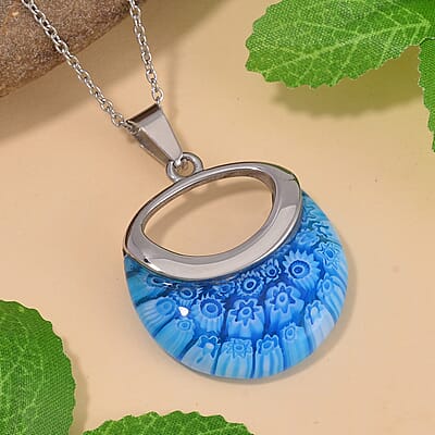 Blue Color Murano Style Necklace in Stainless Steel 24 Inches