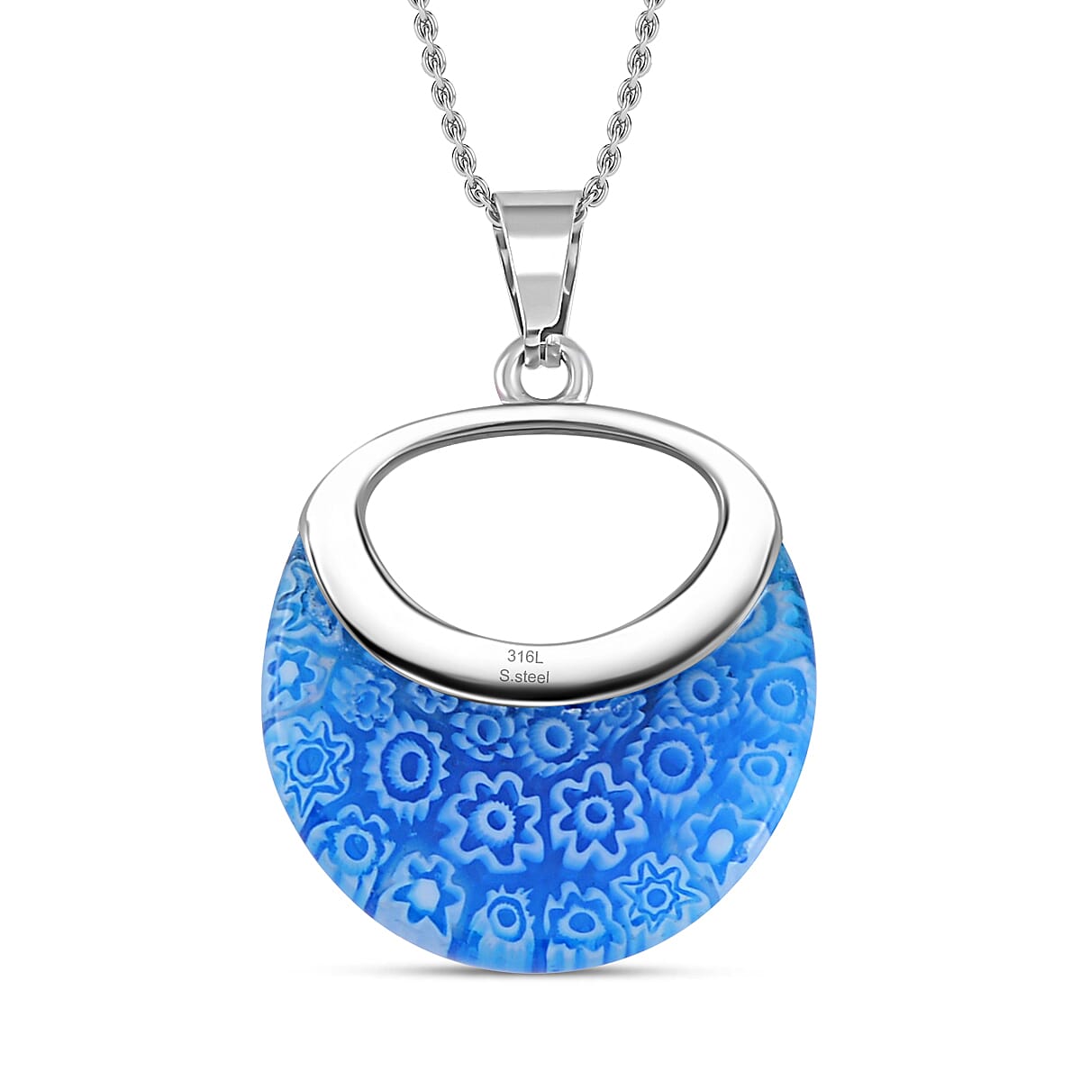 Blue Color Murano Style Necklace in Stainless Steel 24 Inches