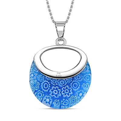 Blue Color Murano Style Necklace in Stainless Steel 24 Inches