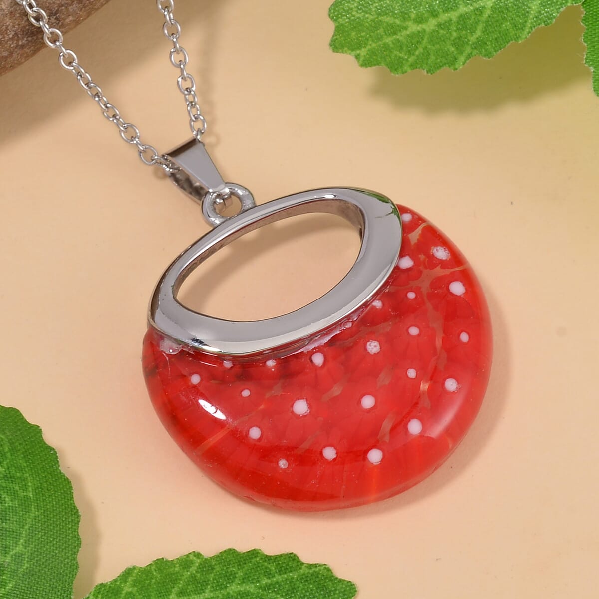 Red Color Murano Style Necklace in Stainless Steel 24 Inches image number 2