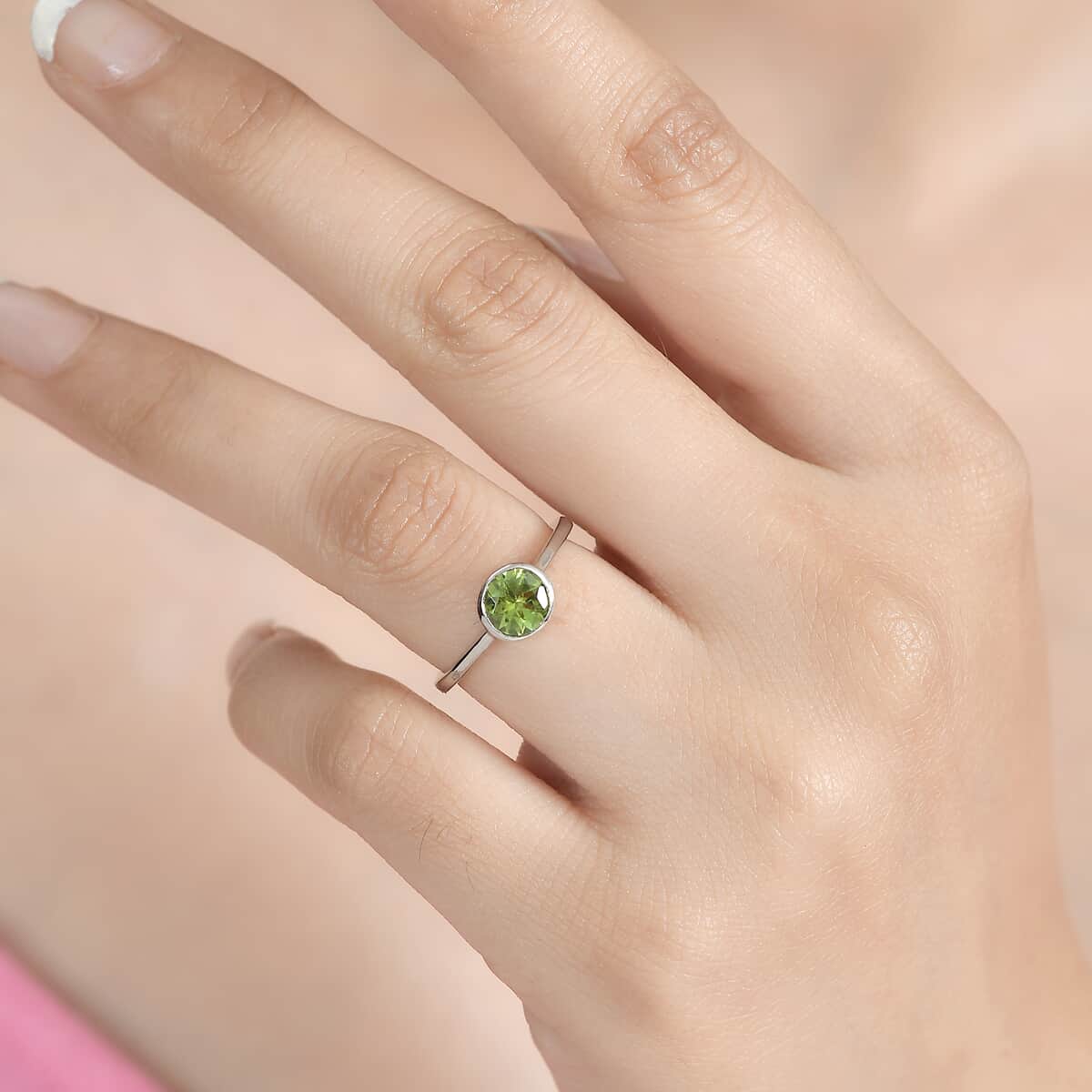 Peridot Solitaire Ring in Platinum Over Sterling Silver (Size 5) 0.85 ctw image number 2