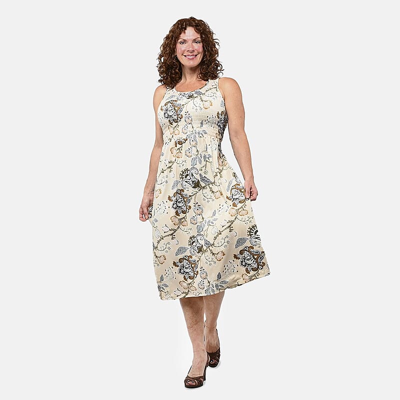 Beige Floral Smocked Sleeveless Double Knit Dress with Waist Tie - One Size Fits Most