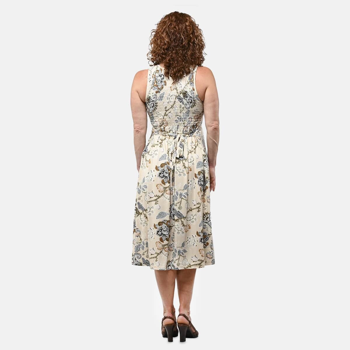 Beige Floral Smocked Sleeveless Double Knit Dress with Waist Tie - One Size Fits Most image number 1