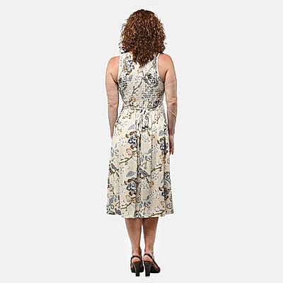 Beige Floral Smocked Sleeveless Double Knit Dress with Waist Tie - One Size Fits Most