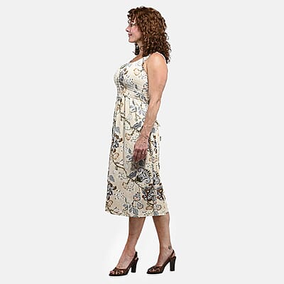 Beige Floral Smocked Sleeveless Double Knit Dress with Waist Tie - One Size Fits Most