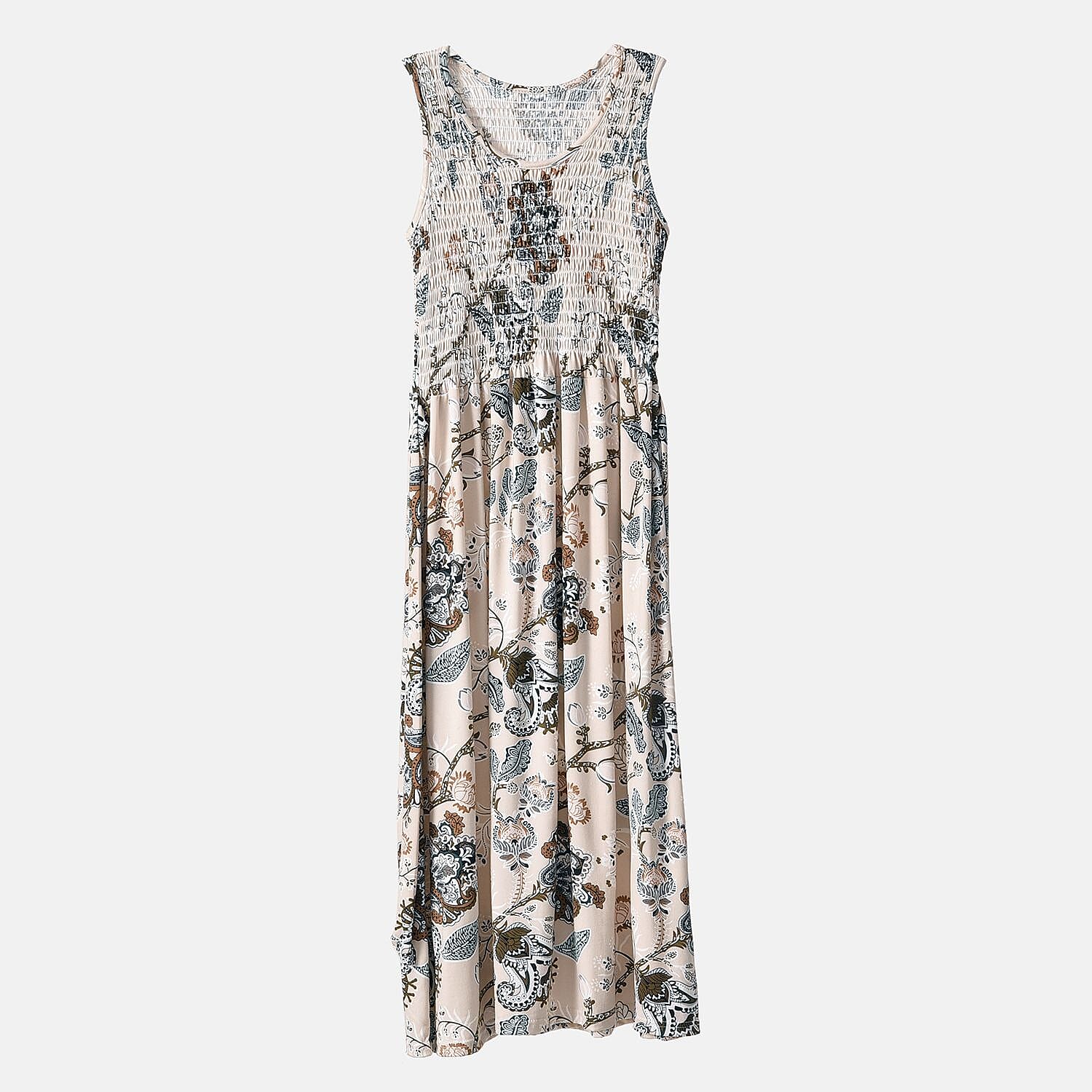 Beige Floral Smocked Sleeveless Double Knit Dress with Waist Tie - One Size Fits Most