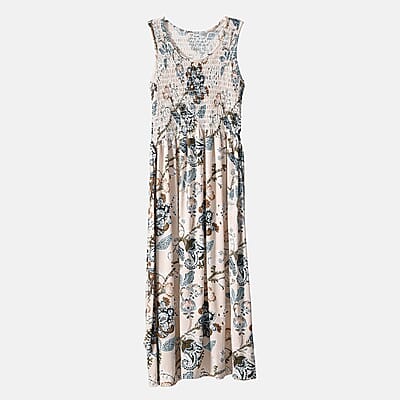 Beige Floral Smocked Sleeveless Double Knit Dress with Waist Tie - One Size Fits Most