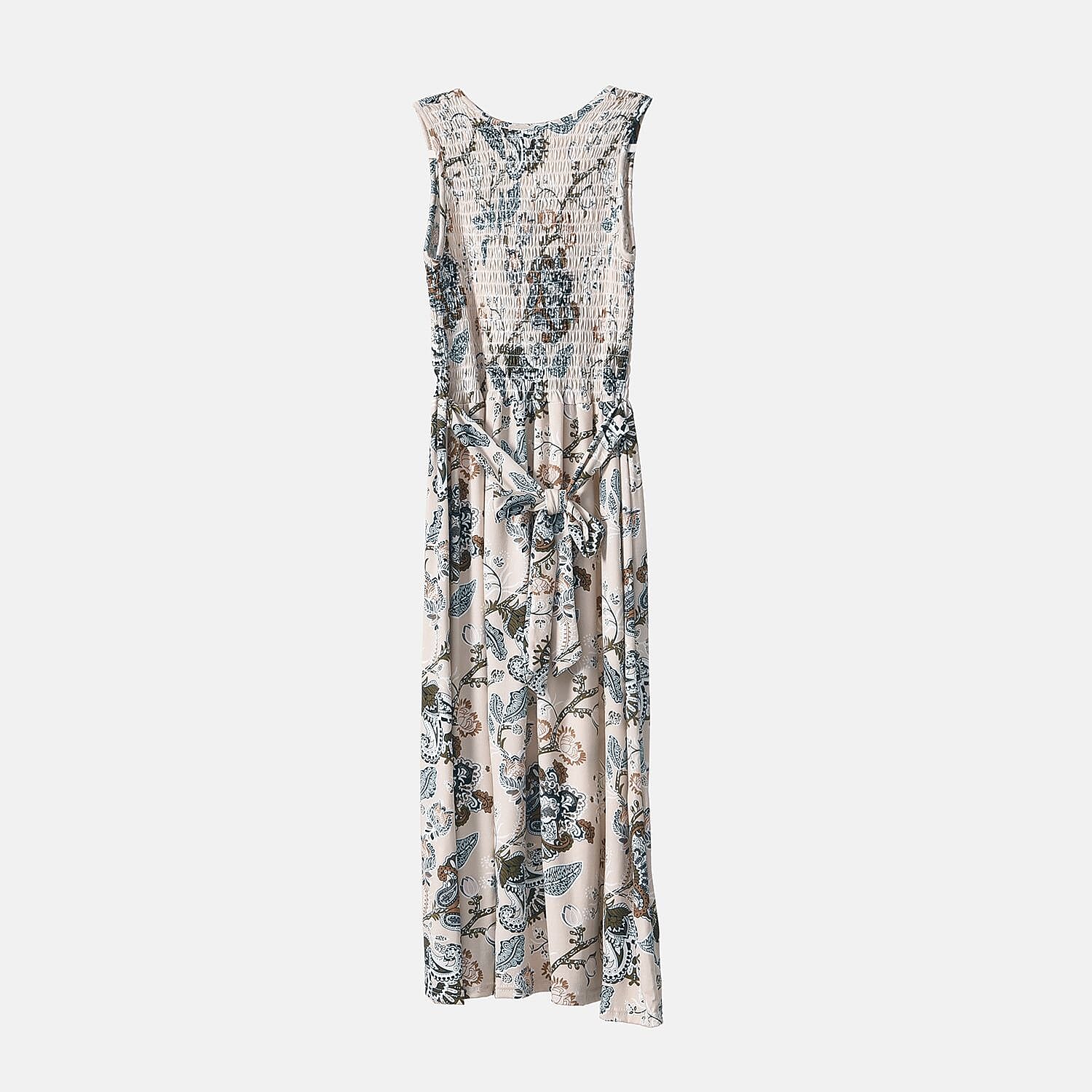 Beige Floral Smocked Sleeveless Double Knit Dress with Waist Tie - One Size Fits Most