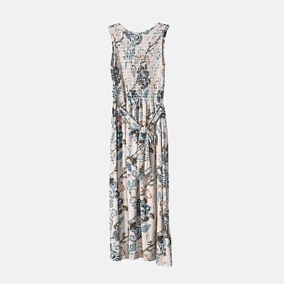 Beige Floral Smocked Sleeveless Double Knit Dress with Waist Tie - One Size Fits Most