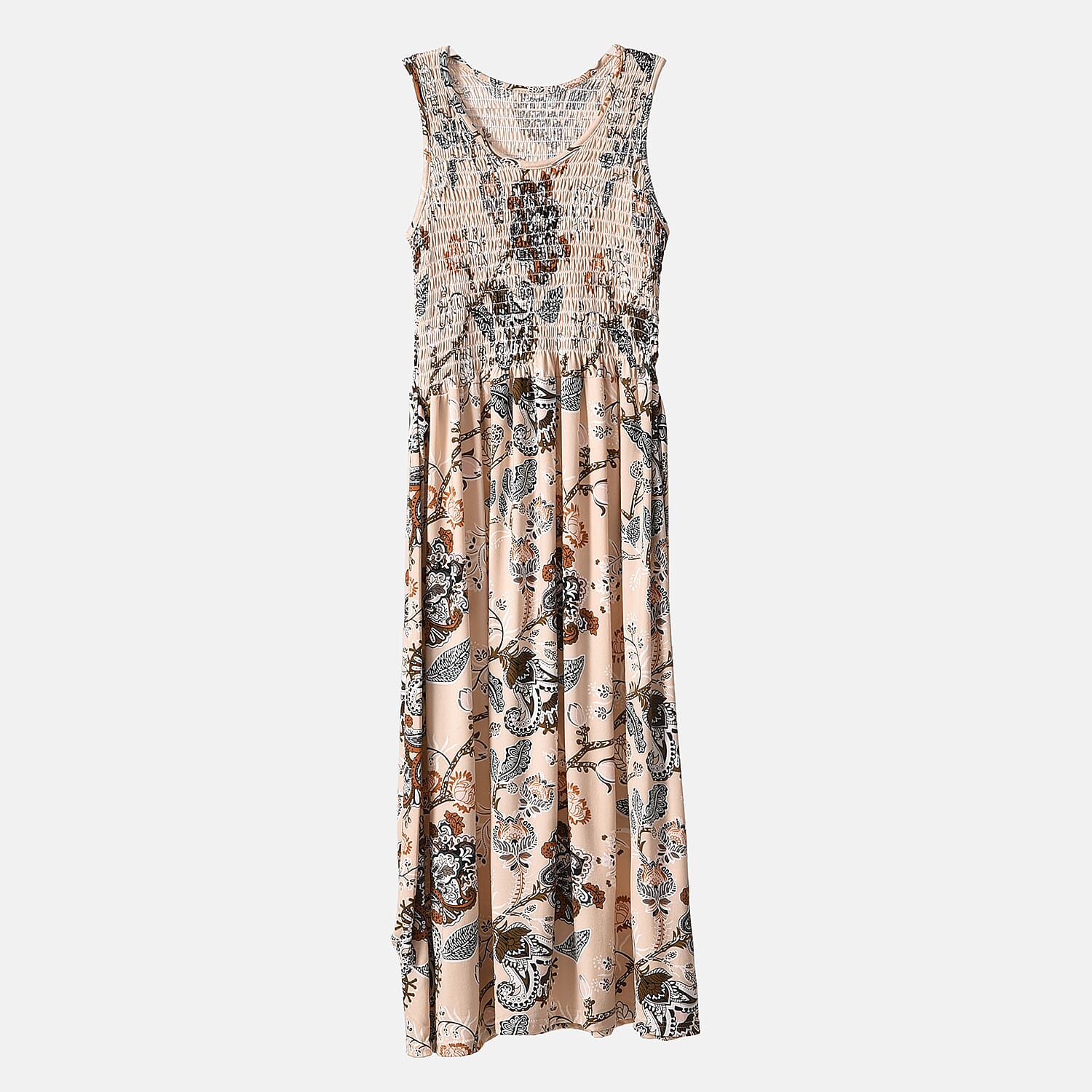 Beige Floral Smocked Sleeveless Double Knit Dress with Waist Tie - One Size Fits Most