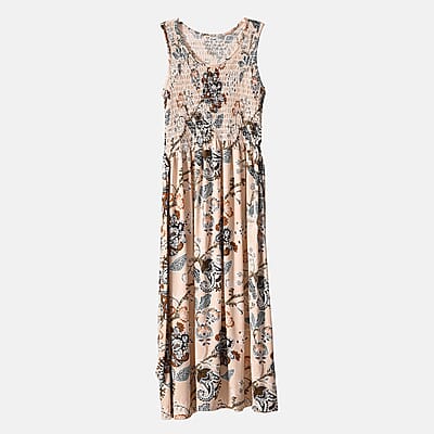 Beige Floral Smocked Sleeveless Double Knit Dress with Waist Tie - One Size Fits Most
